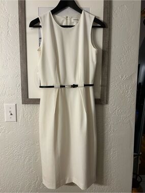 Calvin Klein Cream Sleeveless knee length Dress with Black Belt